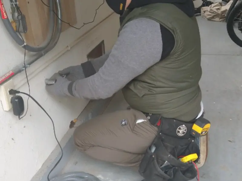 Electrician performing outlet wiring in a Wright City garage